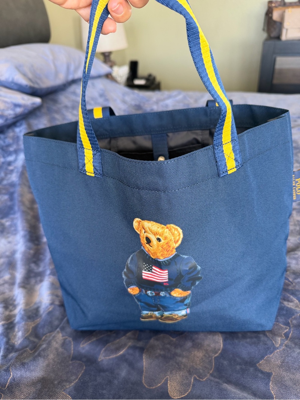 Polo by Ralph Lauren Navy Tote with Yellow-Striped Handles and Bear Graphic - Picture 16 of 16